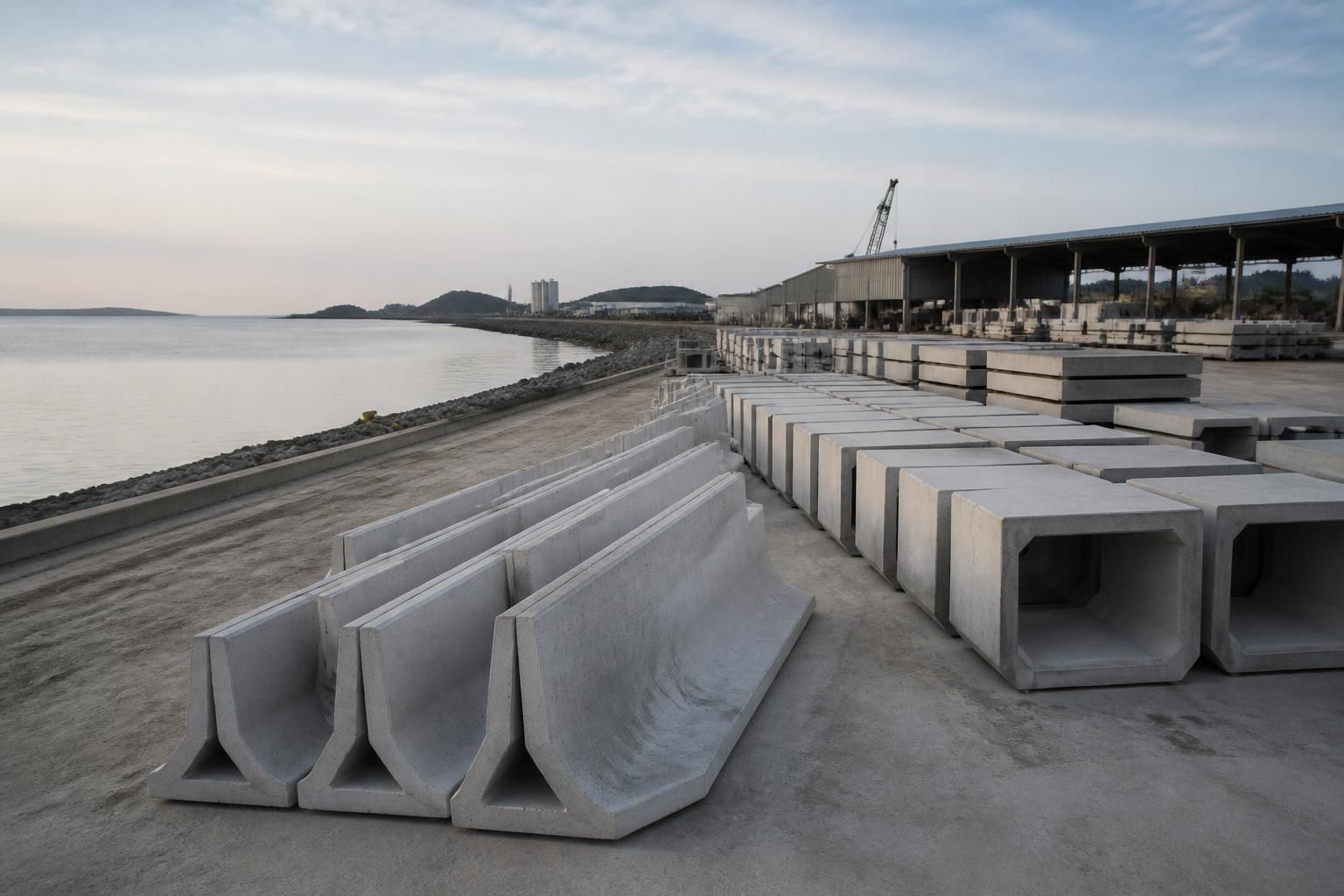 Wide view of a clean precast concrete yard near waterfront infrastructure.